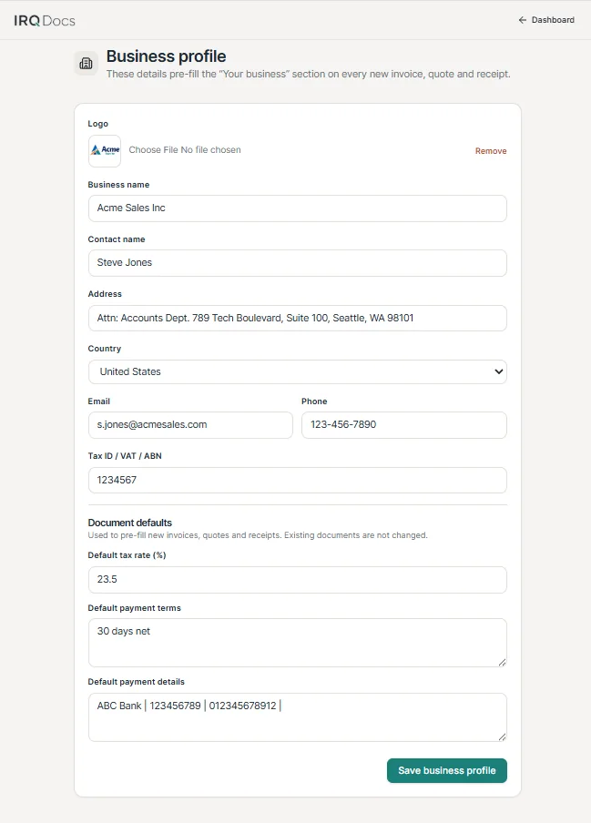 IRQDocs Business profile page showing business details, document defaults and payment information.