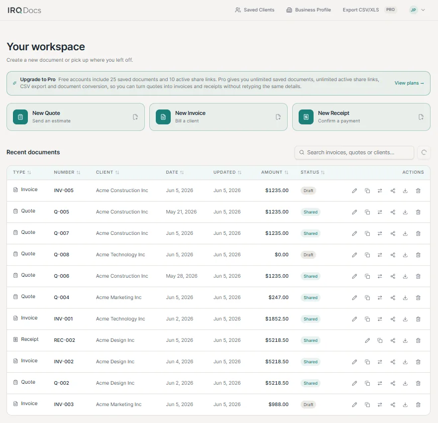 IRQDocs dashboard showing recent invoices, quotes and receipts with document status and actions.