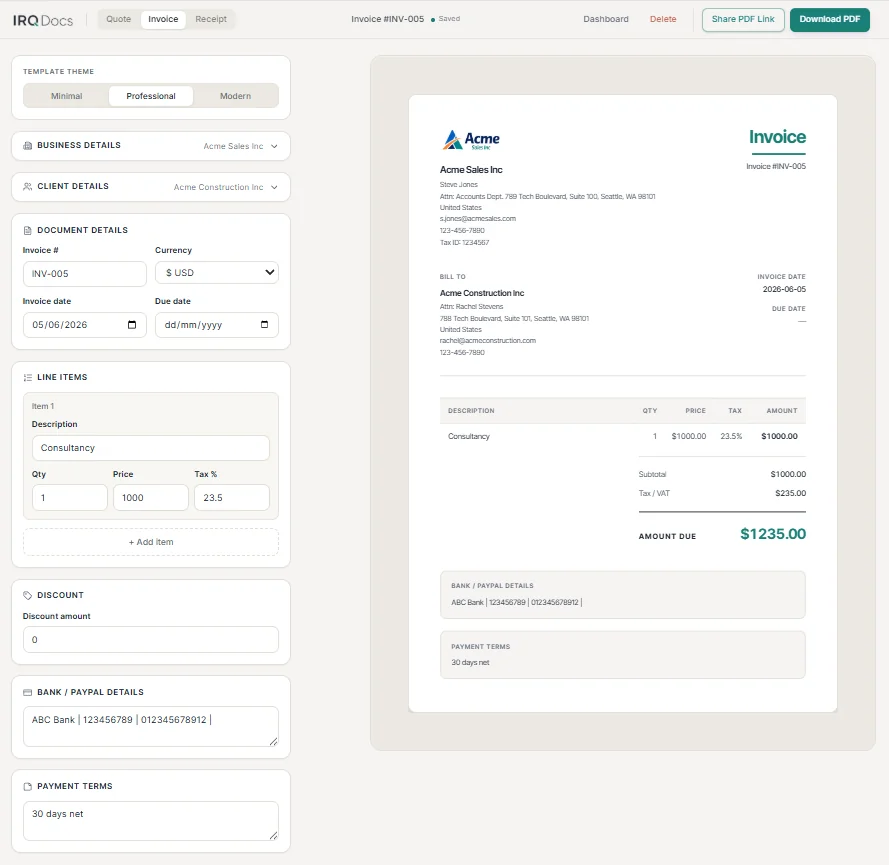 IRQDocs invoice editor showing business details, client details, document details, line items and the live invoice preview.