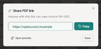 IRQDocs Share PDF link dialog with a copied read-only invoice link.